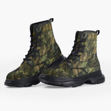 Casual Leather Chunky Boots Army Green Camo Patchwork
