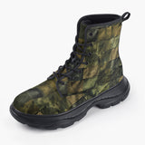 Casual Leather Chunky Boots Army Green Camo Patchwork