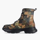 Casual Leather Chunky Boots Camouflage Patchwork