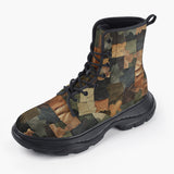 Casual Leather Chunky Boots Camouflage Patchwork