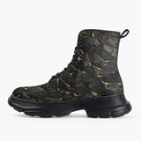 Casual Leather Chunky Boots Black and Gold Stone Mesh