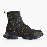 Casual Leather Chunky Boots Black and Gold Stone Mesh