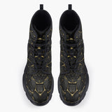 Casual Leather Chunky Boots Black and Gold Stone Mesh