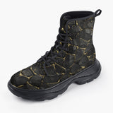 Casual Leather Chunky Boots Black and Gold Stone Mesh