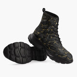 Casual Leather Chunky Boots Black and Gold Stone Mesh