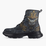 Casual Leather Chunky Boots Owl Artwork Gold Decorations