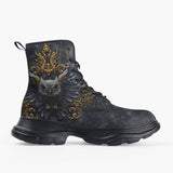 Casual Leather Chunky Boots Owl Artwork Gold Decorations