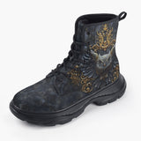Casual Leather Chunky Boots Owl Artwork Gold Decorations