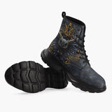 Casual Leather Chunky Boots Owl Artwork Gold Decorations