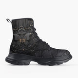 Casual Leather Chunky Boots Dark Fantasy Butterfly with Flowers