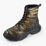 Casual Leather Chunky Boots Tribal Feathers Artwork