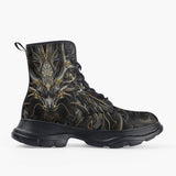 Casual Leather Chunky Boots Dragon with Gold Ornaments