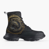Casual Leather Chunky Boots Gold Dragon Ornate Frame