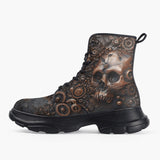 Casual Leather Chunky Boots Copper Skull with Gears