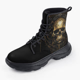 Casual Leather Chunky Boots Gothic Golden Skull