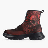 Casual Leather Chunky Boots Red Skull with Roses