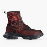 Casual Leather Chunky Boots Red Skull with Roses