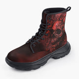 Casual Leather Chunky Boots Red Skull with Roses