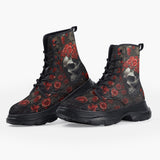 Casual Leather Chunky Boots Skull with Roses Artwork