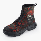 Casual Leather Chunky Boots Skull with Roses Artwork