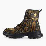 Casual Leather Chunky Boots Golden Egyptian Stone Carvings