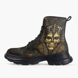 Casual Leather Chunky Boots Ancient Pharaoh Skull Art