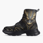 Casual Leather Chunky Boots Mechanical Dragon Black and Gold Design