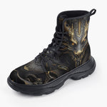 Casual Leather Chunky Boots Mechanical Dragon Black and Gold Design