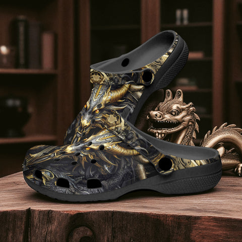 Classic Clogs Mechanical Dragon Black and Gold Design