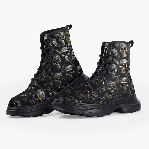 Casual Leather Chunky Boots Skulls and Bones in Black Gold