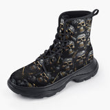 Casual Leather Chunky Boots Skulls and Bones in Black Gold