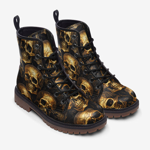 Leather Boots Golden Skulls Pattern