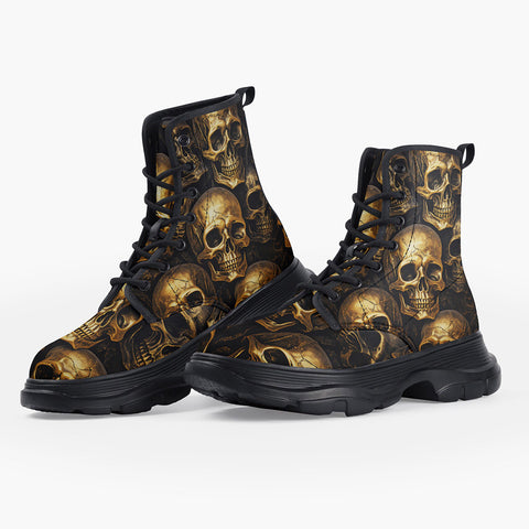 Casual Leather Chunky Boots Golden Skulls Pattern