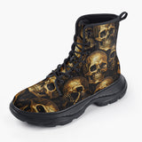 Casual Leather Chunky Boots Golden Skulls Pattern
