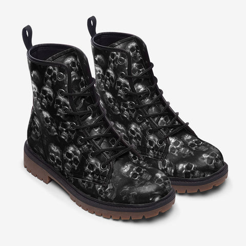 Leather Boots Shiny Silver Skulls