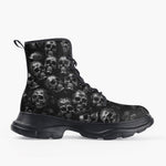 Casual Leather Chunky Boots Shiny Silver Skulls