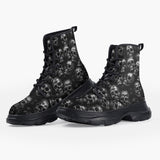 Casual Leather Chunky Boots Shiny Silver Skulls