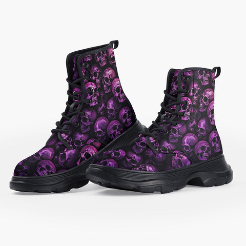 Casual Leather Chunky Boots Pink and Black Skulls