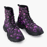 Casual Leather Chunky Boots Pink and Black Skulls
