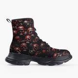 Casual Leather Chunky Boots Red Skulls Background