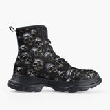 Casual Leather Chunky Boots Silver Skulls Art