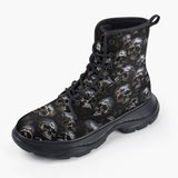 Casual Leather Chunky Boots Silver Skulls Art