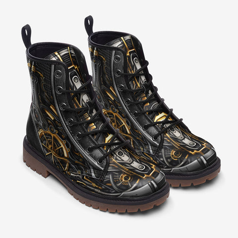 Leather Boots Black and Gold Metal Biomechanical