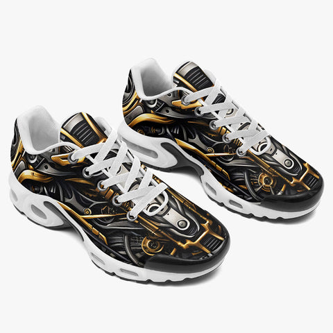 Air Cushion Sneakers Black and Gold Metal Biomechanical