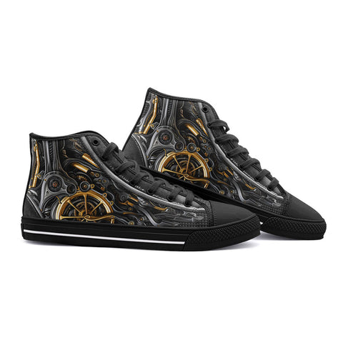 High-Top Canvas Shoes Black and Gold Metal Biomechanical