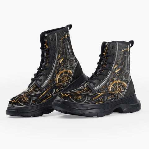 Casual Leather Chunky Boots Black and Gold Metal Biomechanical