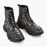 Casual Leather Chunky Boots Black and Gold Metal Biomechanical