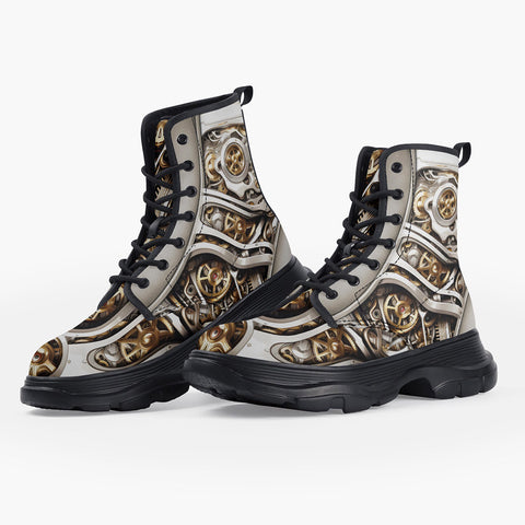 Casual Leather Chunky Boots Silver and Gold Biomechanical