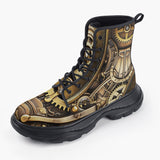 Casual Leather Chunky Boots Steampunk Bronze Gears