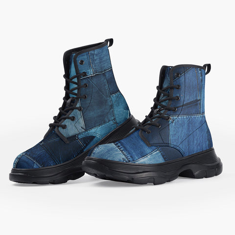Casual Leather Chunky Boots Denim Patchwork